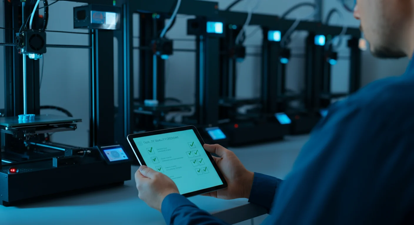 Printfarm operator die een checklist bekijkt op een tablet naast een rij 3D-printers met afgewerkte onderdelen op de bedden
