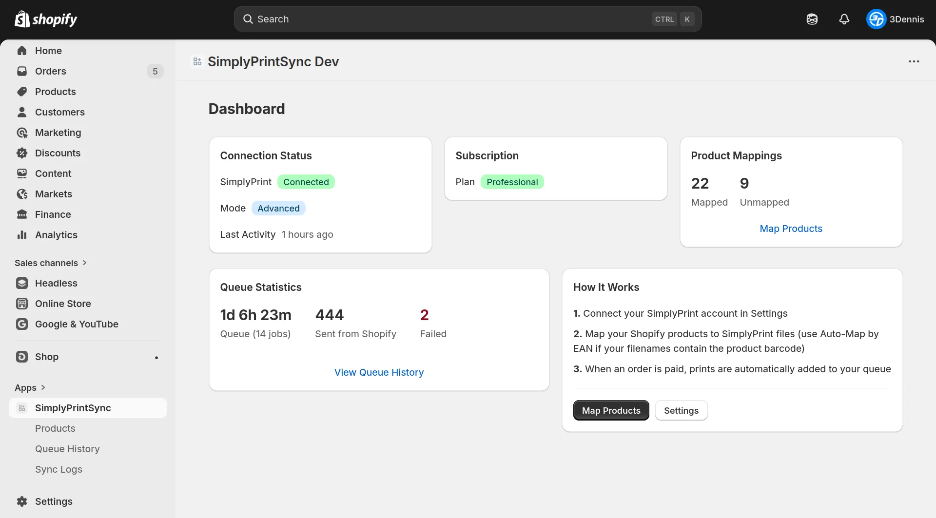 SimplyPrintSync Dashboard – Shopify orders automatically as print jobs in SimplyPrint